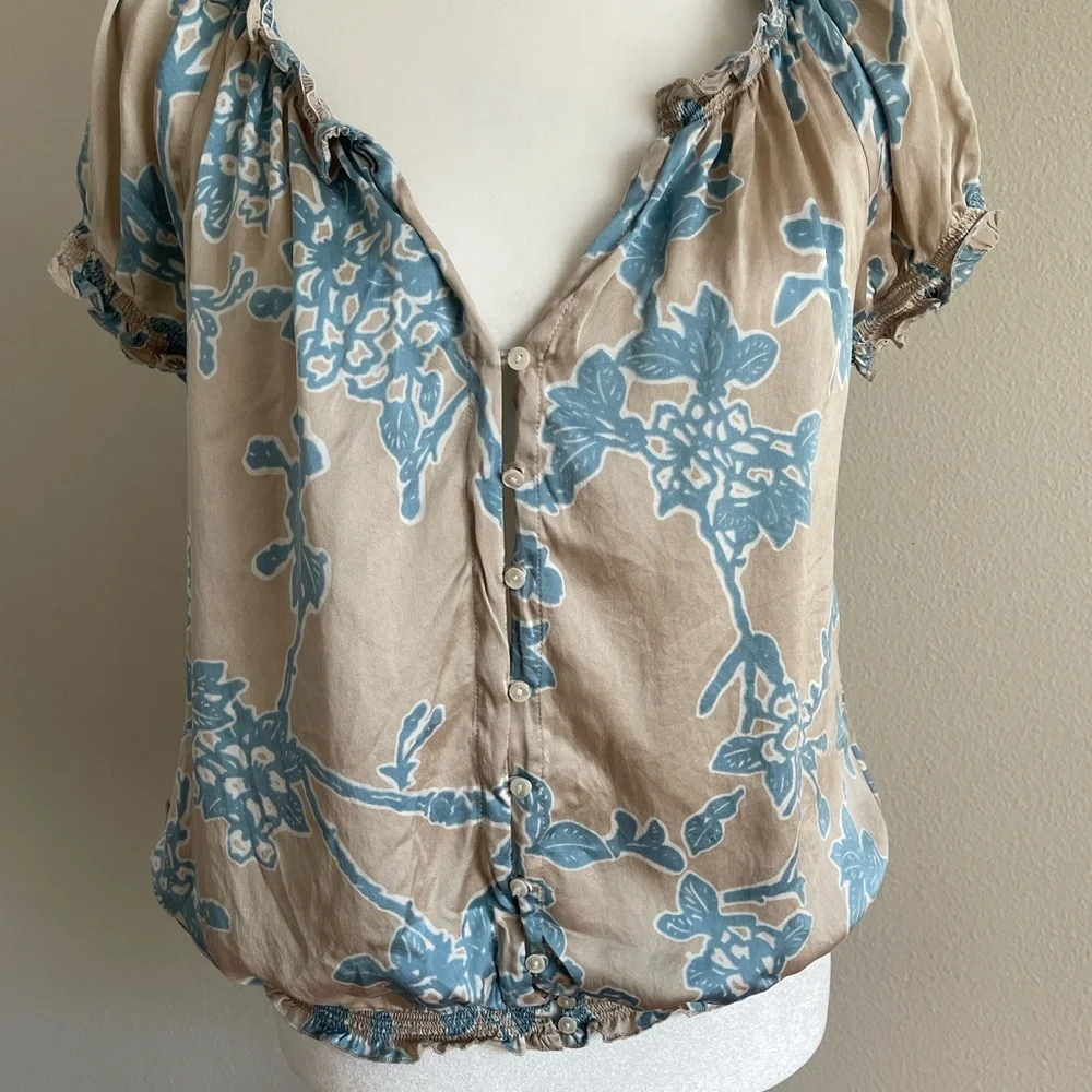 Joie Silk Blue Floral Blouse - Tan Base Size S - Picture 3 of 7